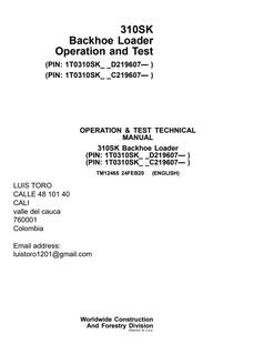 John Deere 310SK Backhoe Loader Operation and Test Technical Manual TM12465 — actual manual cover
