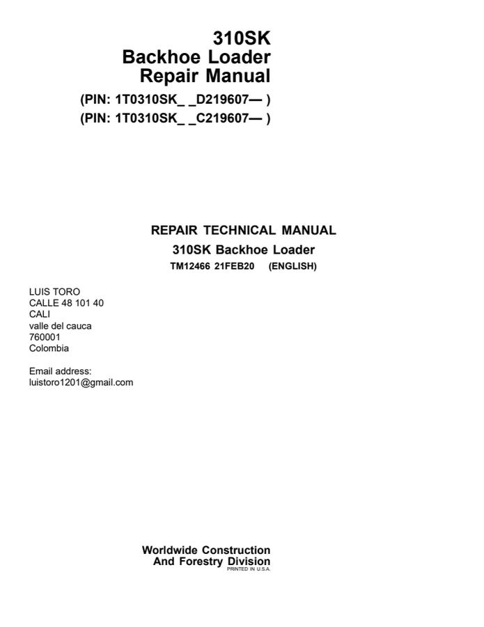 John Deere 310SK Backhoe Loader Repair Technical Manual — actual manual cover