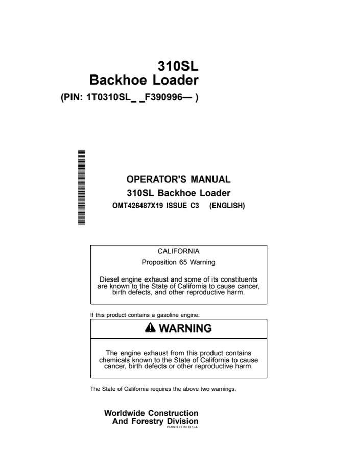 John Deere 310SL Backhoe loader Operator manual OMT426487X19 — actual manual cover