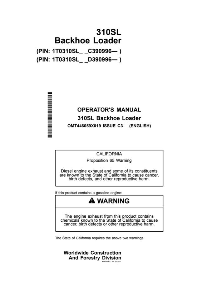 John Deere 310SL Backhoe loader Operator manual OMT446059X019 — actual manual cover