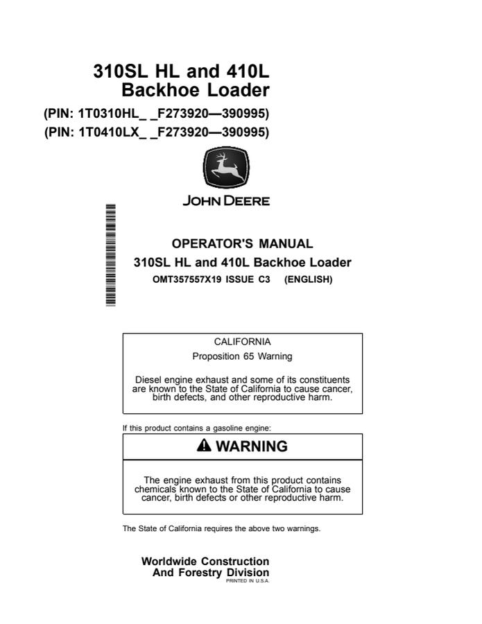 John Deere 310SL HL and 410L Backhoe loader Operator manual OMT357557X19 — actual manual cover