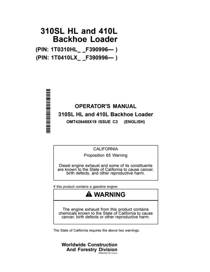 John Deere 310SL HL and 410L Backhoe loader Operator manual OMT426488X19 — actual manual cover