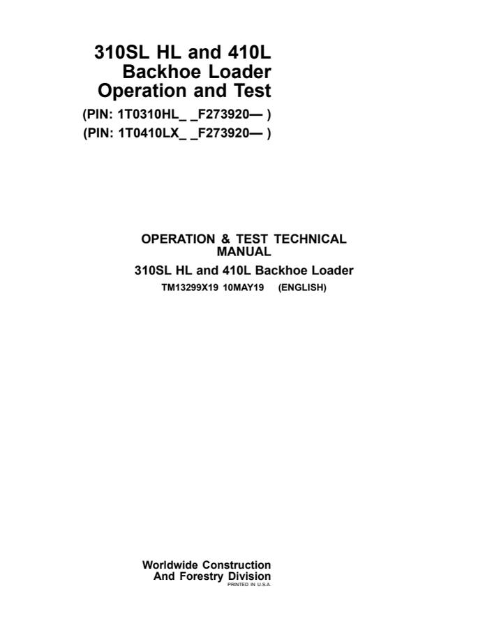 John Deere 310SL HL and 410L Backhoe Loaders Operation and Test Manual — actual manual cover