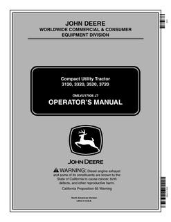 John Deere 3120, 3320, 3520, 3720 Compact utility tractor Operator's manual OMLVU17926 — actual manual cover