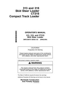 John Deere 313, 315, CT315 Skid steer/compact track loader Operator manual OMT235575 — actual manual cover