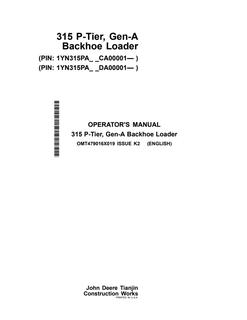 John Deere 315 P-Tier Gen-A Backhoe loader Operator manual OMT479016X019 — actual manual cover