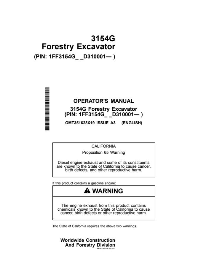 John Deere 3154G Forestry excavator Operator manual OMT351628X19 — actual manual cover