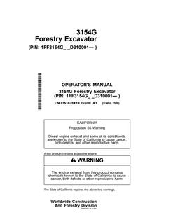 John Deere 3154G Forestry excavator Operator manual OMT351628X19 — actual manual cover
