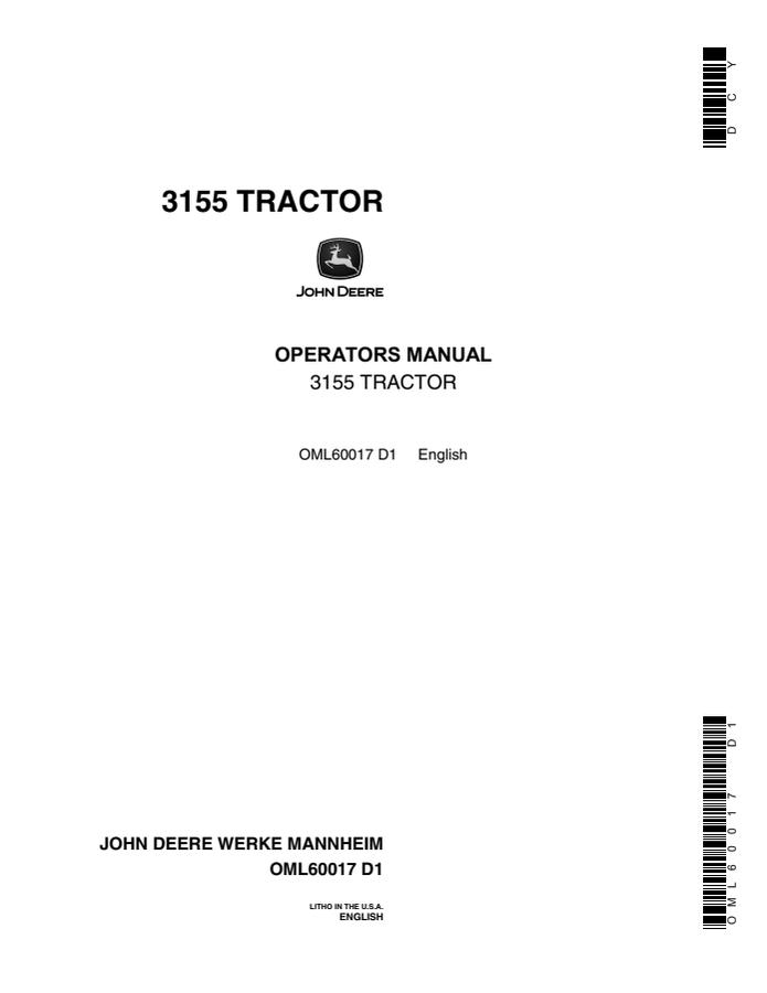 John Deere 3155 Tractor Operator manual OML60017 — actual manual cover