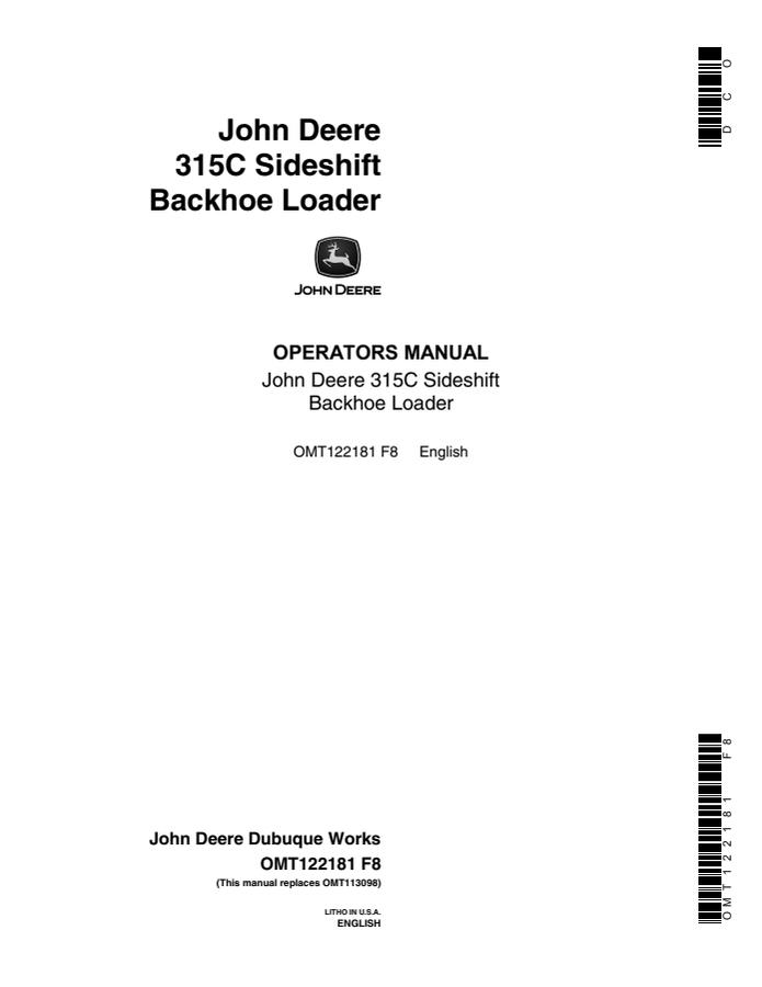 John Deere 315C Sideshift Backhoe loader Operator manual OMT122181 — actual manual cover