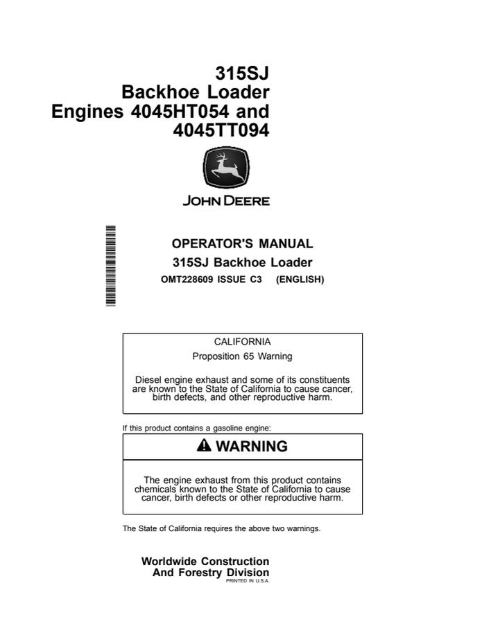 John Deere 315SJ Backhoe loader Operator manual OMT228609 — actual manual cover