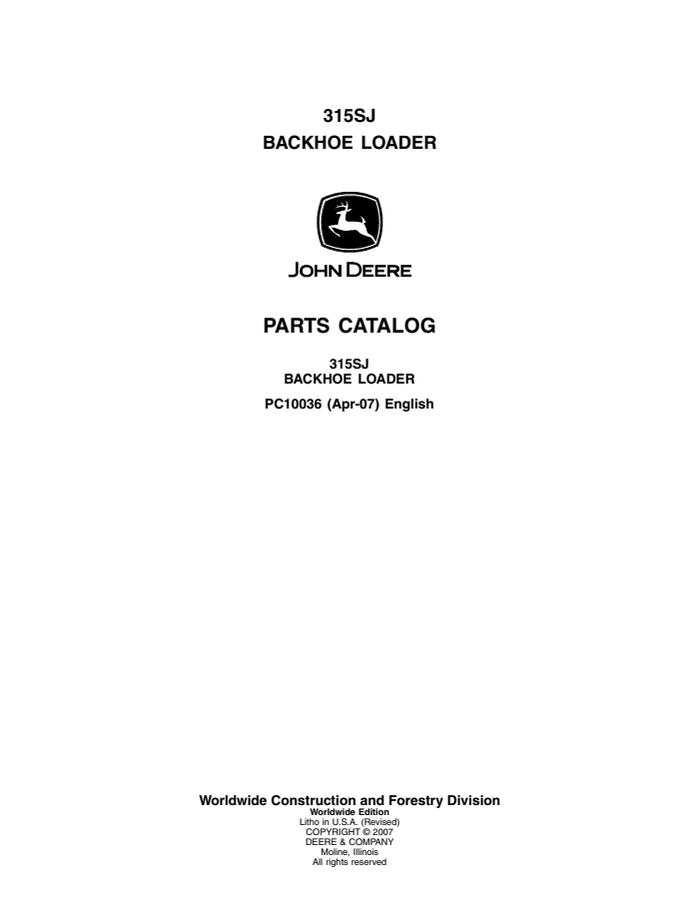 John Deere 315SJ Backhoe Loader Parts Catalog — actual manual cover