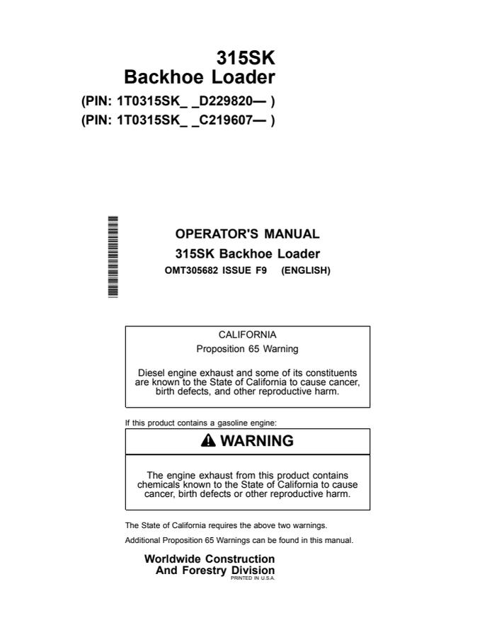 John Deere 315SK Backhoe loader Operator manual OMT305682 — actual manual cover