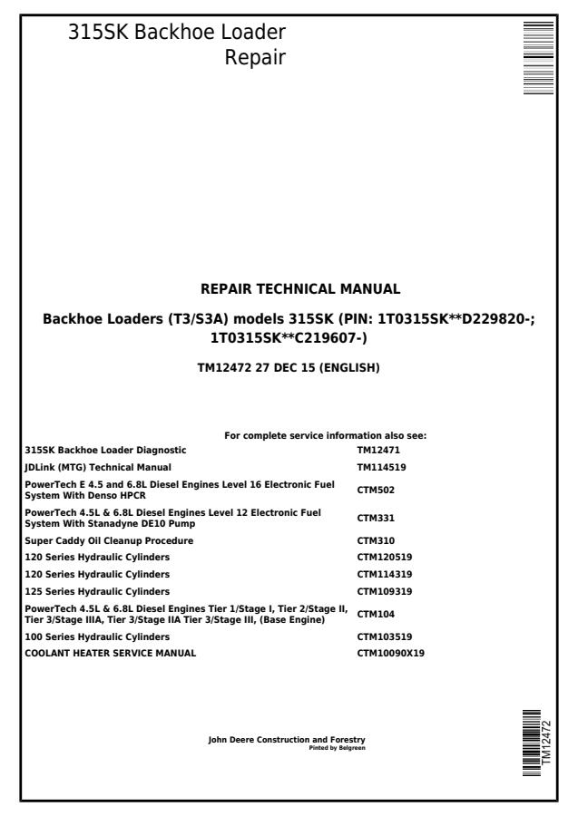 John Deere 315SK Backhoe Loader Repair Technical Manual (TM12472) — actual manual cover