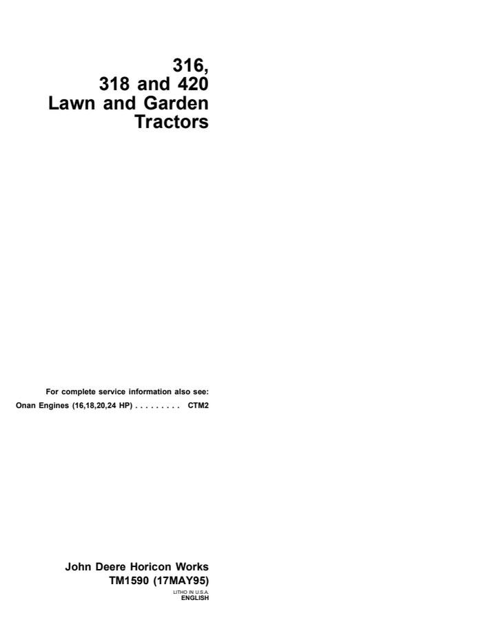 John Deere 316, 318, 420 Tractor Technical manual TM1590 — actual manual cover