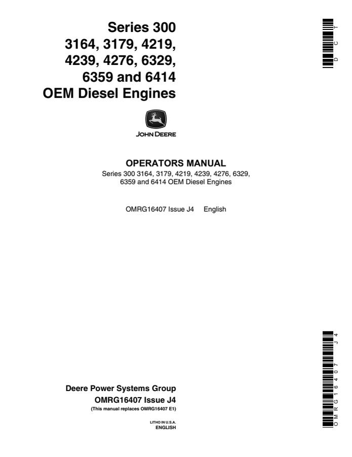 John Deere 3164, 3179, 4219, 4239, 4276, 6329, 6359, 6414 Diesel engine Operator Manual OMRG16407 — actual manual cover