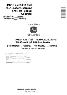 John Deere 316GR, 318G Skid Steer Loader Operation and Test Technical Manual TM13856X19 — actual manual cover