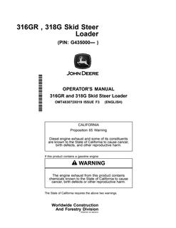 John Deere 316GR and 318G Skid steer loader Operator manual OMT483072X019 — actual manual cover
