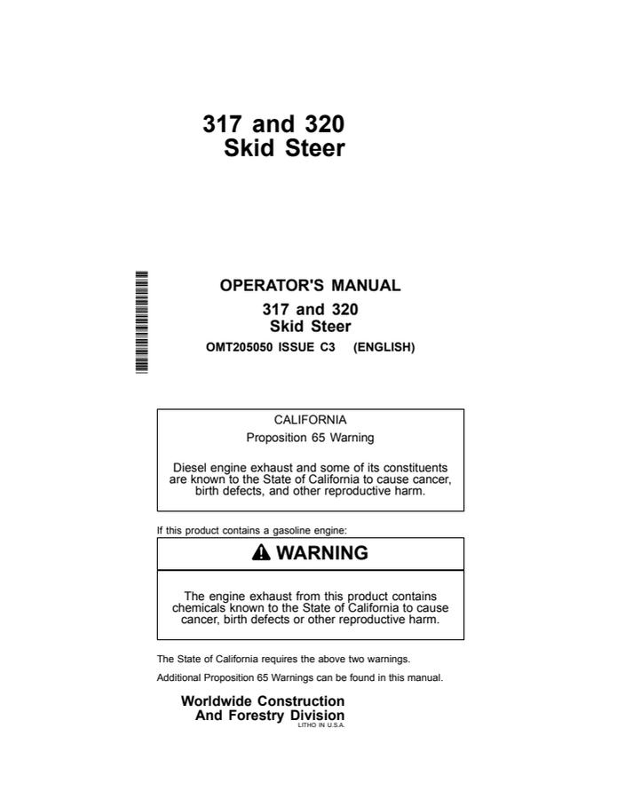 John Deere 317 and 320 Skid steer loader Operator manual OMT205050 — actual manual cover