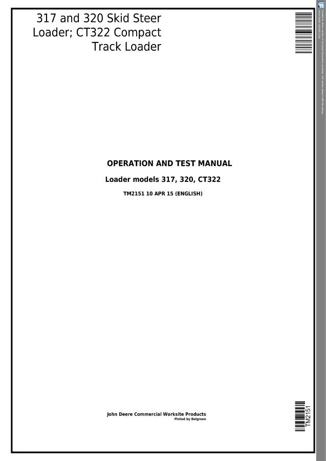 John Deere 317 and 320 Skid Steer Loaders and CT322 Compact Track Loader Operation and Test Manual — actual manual cover