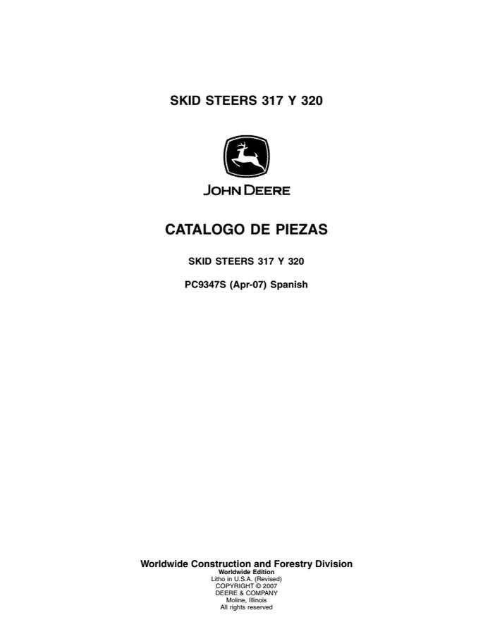 John Deere 317 and 320 Skid steer Parts catalog PC9347S — actual manual cover