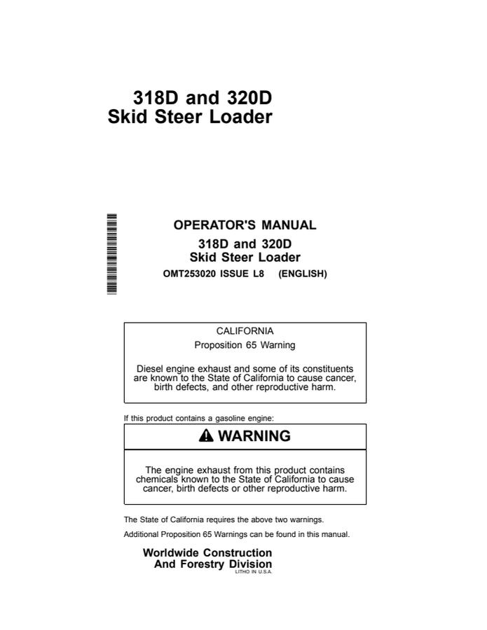 John Deere 318D and 320D Skid steer loader Operator manual OMT253020 — actual manual cover