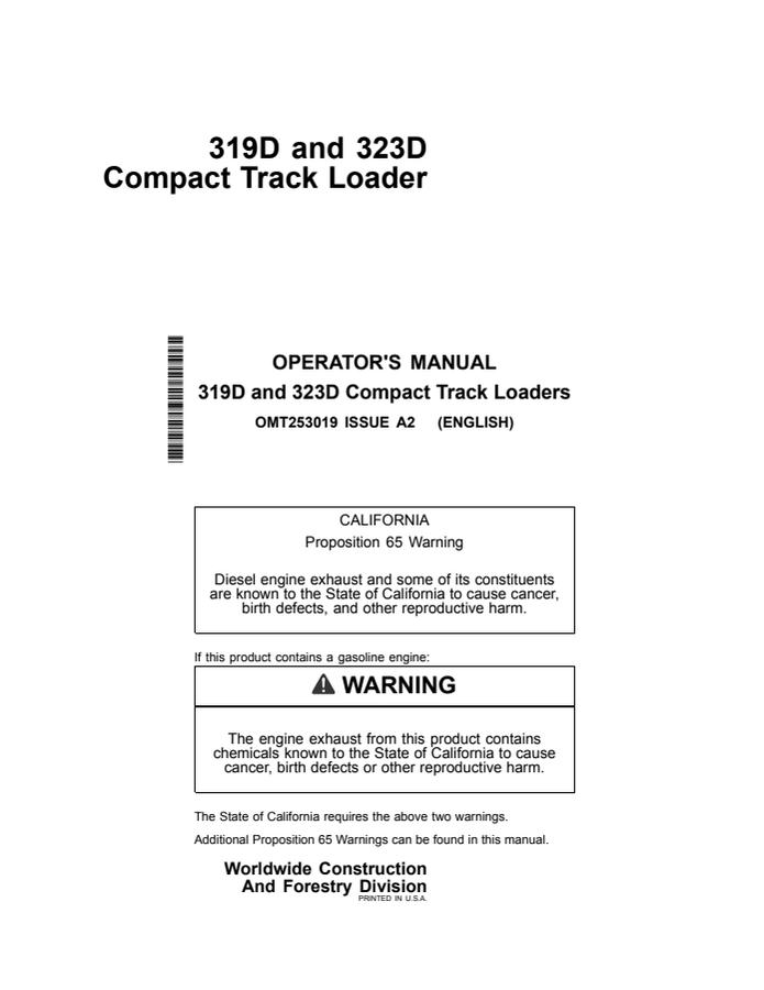 John Deere 319D and 323D Compact track loader Operator manual OMT253019 — actual manual cover