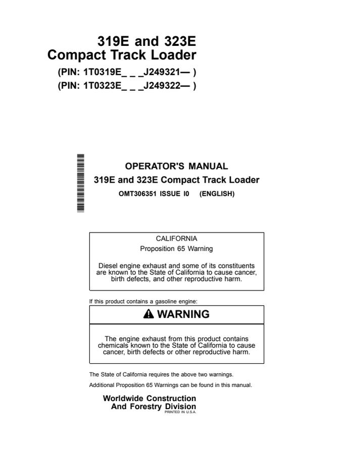 John Deere 319E and 323E Compact track loader Operator manual OMT306351 — actual manual cover