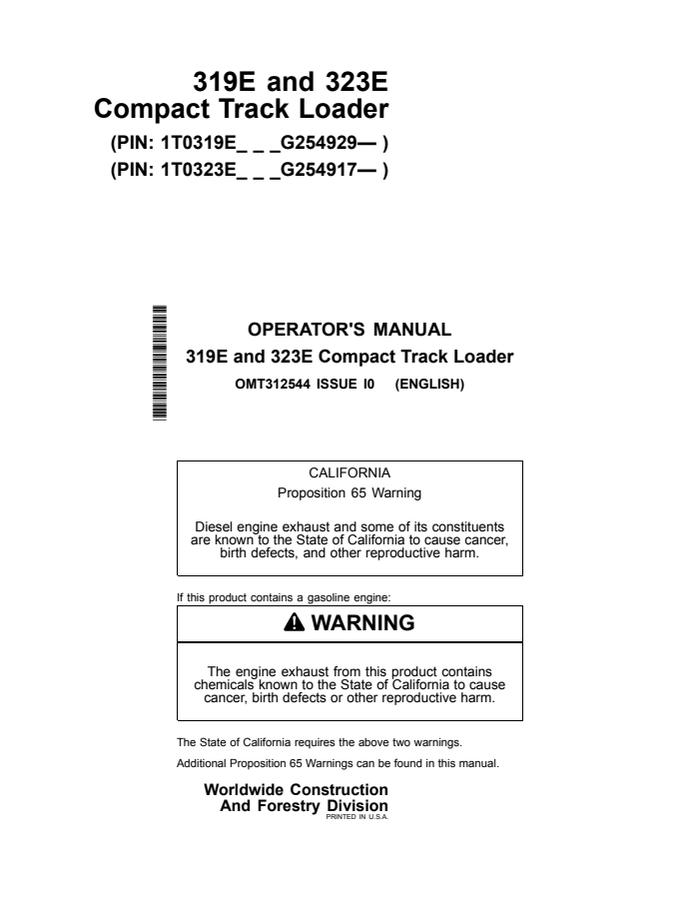 John Deere 319E and 323E Compact track loader Operator manual OMT312544 — actual manual cover