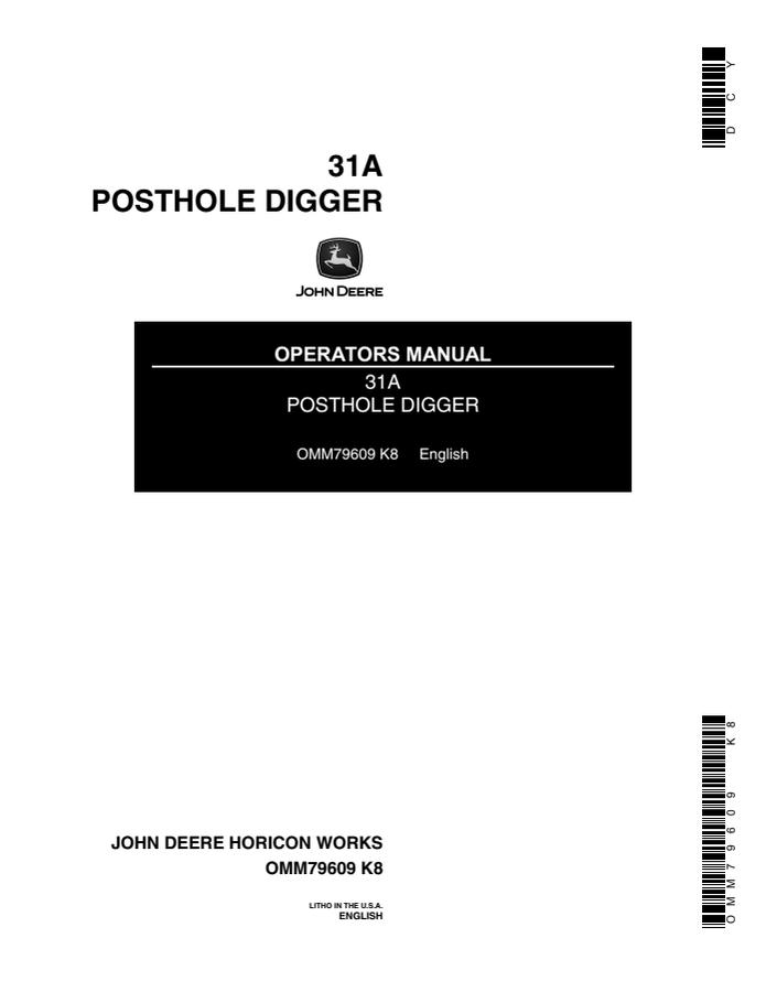 John Deere 31A Posthole digger Operator manual OMM79609 — actual manual cover