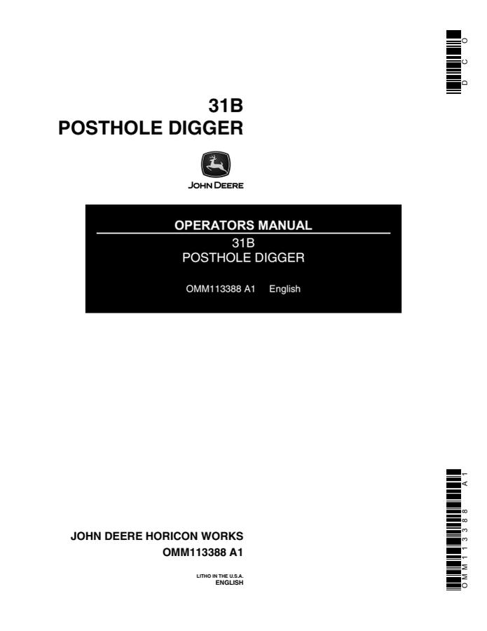 John Deere 31B Posthole digger Operator manual OMM113388 — actual manual cover
