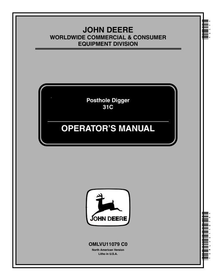 John Deere 31C Posthole digger Operator manual OMLVU11079 — actual manual cover