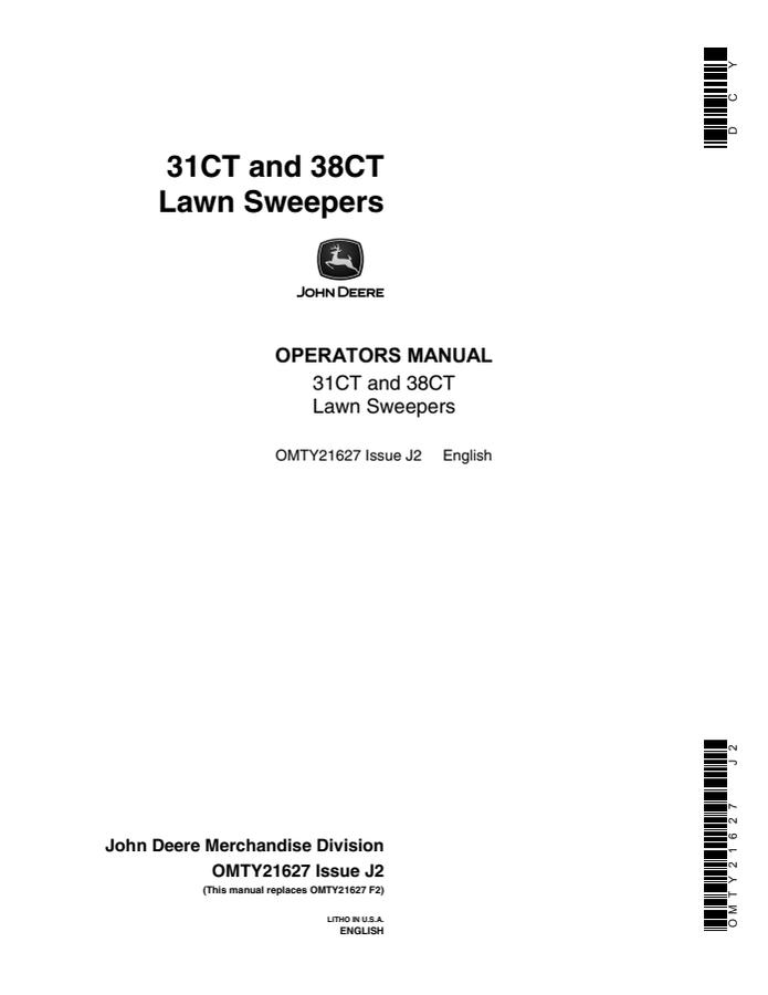 John Deere 31CT and 38CT Lawn sweeper Operator manual OMTY21627 — actual manual cover