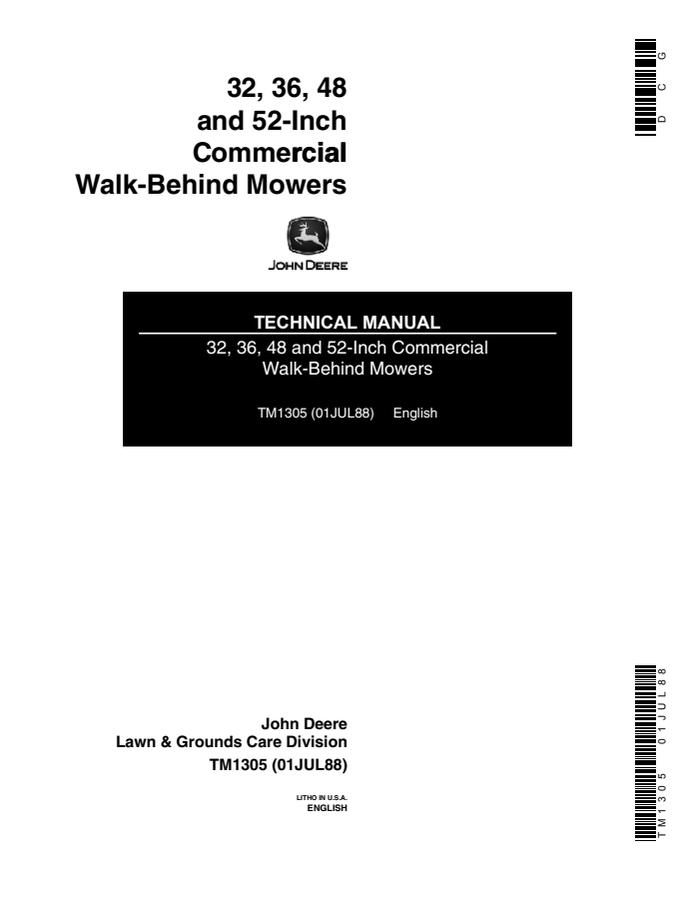 John Deere 32, 36, 48, 52 inch Commercial walk-behind mower Technical manual — actual manual cover