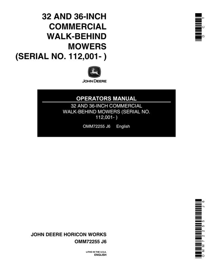 John Deere 32- and 36-Inch Commercial Walk-Behind Mowers Operator's Manual — actual manual cover
