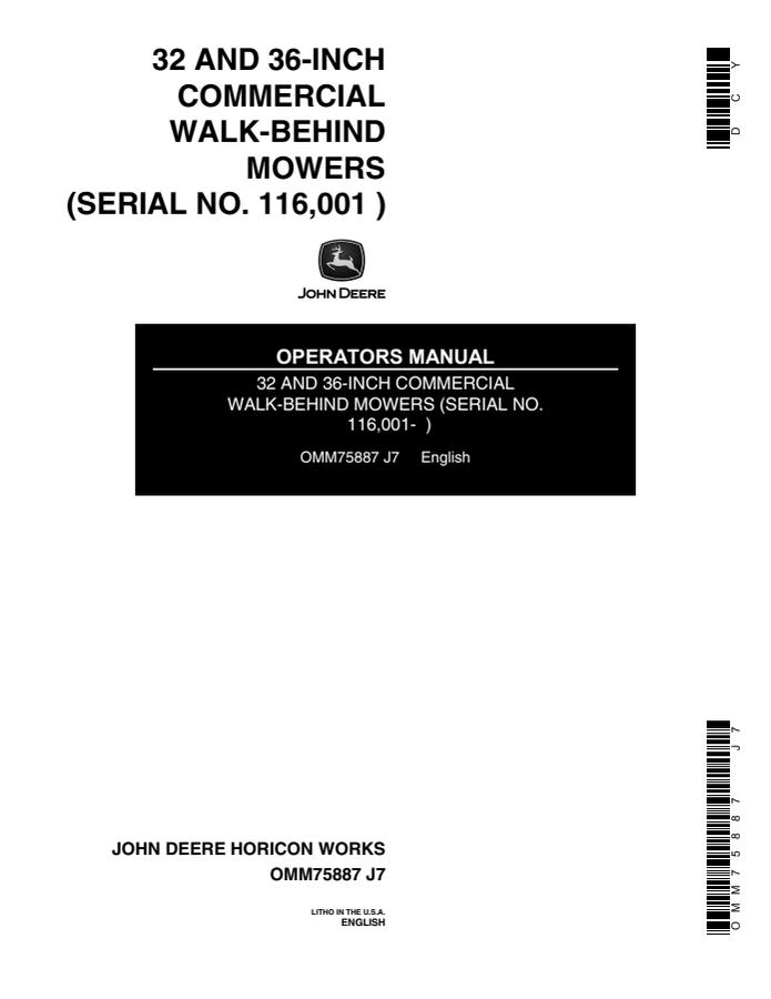 John Deere 32 and 36-inch Walk-behind mower Operator manual OMM75887 — actual manual cover
