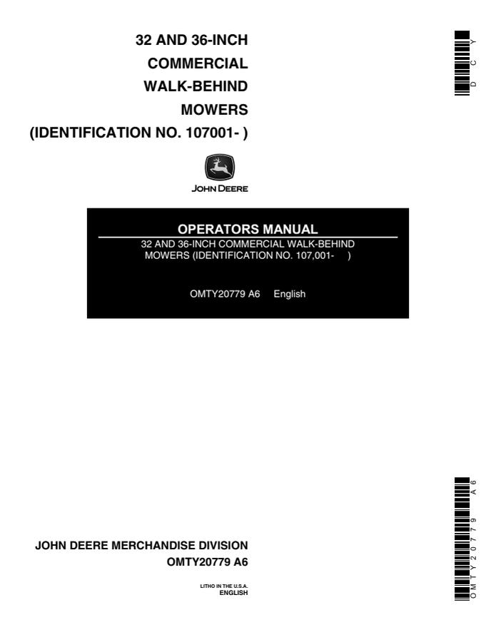 John Deere 32 and 36-inch Walk-behind mower Operator manual OMTY20779 — actual manual cover
