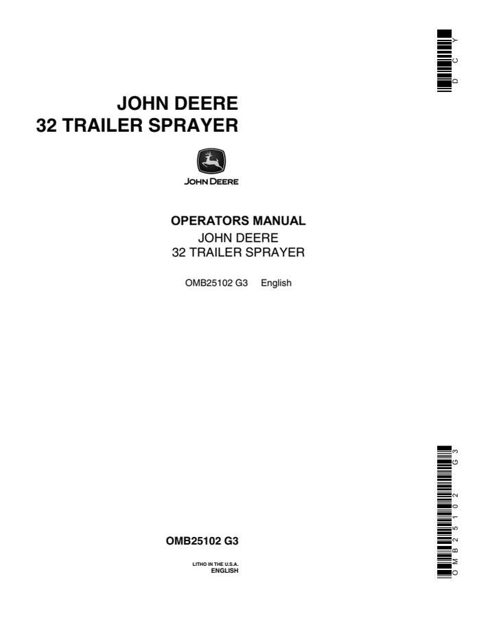 John Deere 32 Trailer sprayer Operator manual OMB25102 — actual manual cover