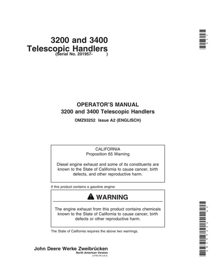 John Deere 3200 and 3400 Telescopic handler Operator manual OMZ93252 — actual manual cover