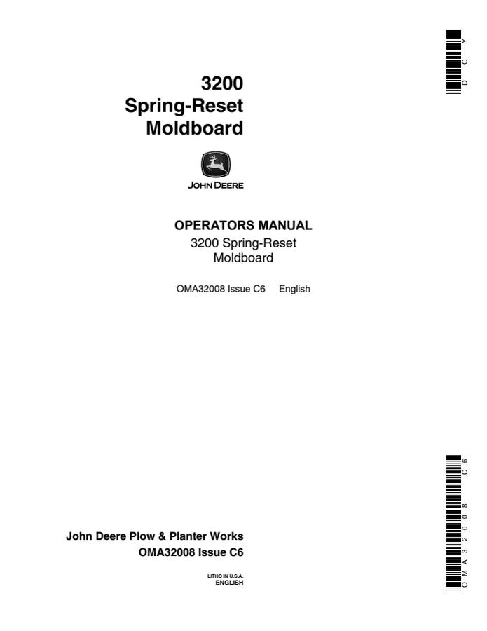 John Deere 3200 Moldboard Operator manual OMA32008 — actual manual cover
