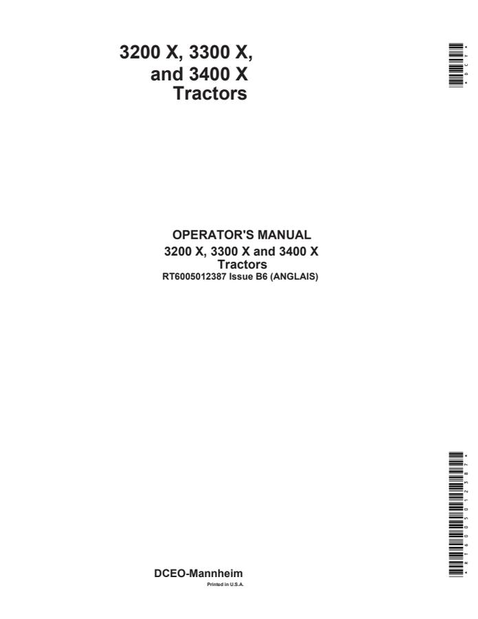 John Deere 3200 X, 3300 X and 3400 X Tractor Operator manual RT6005012387 — actual manual cover