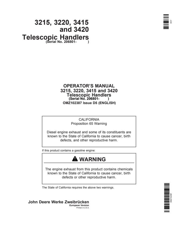 John Deere 3215, 3220, 3415 and 3420 Telescopic handler Operator manual OMZ102387 — actual manual cover