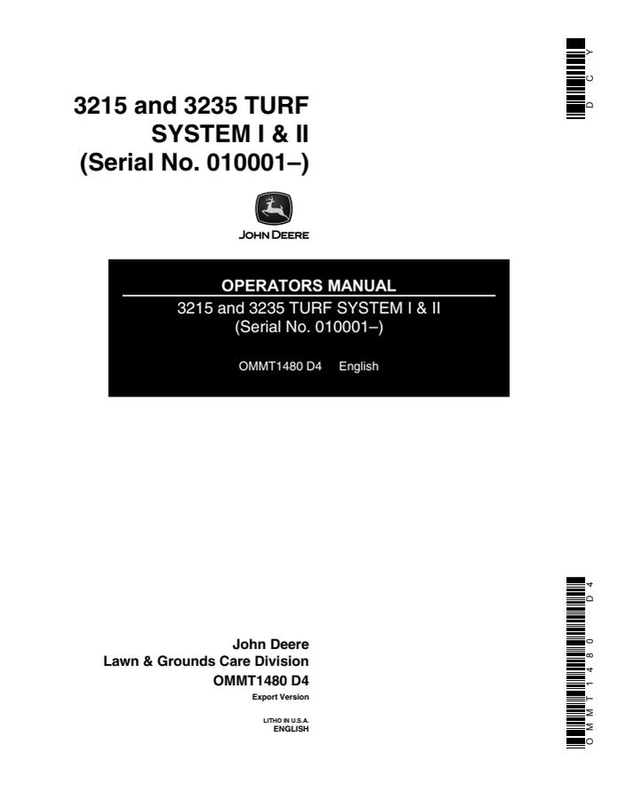 John Deere 3215 and 3235 Turf mower Operator manual OMMT1480 — actual manual cover