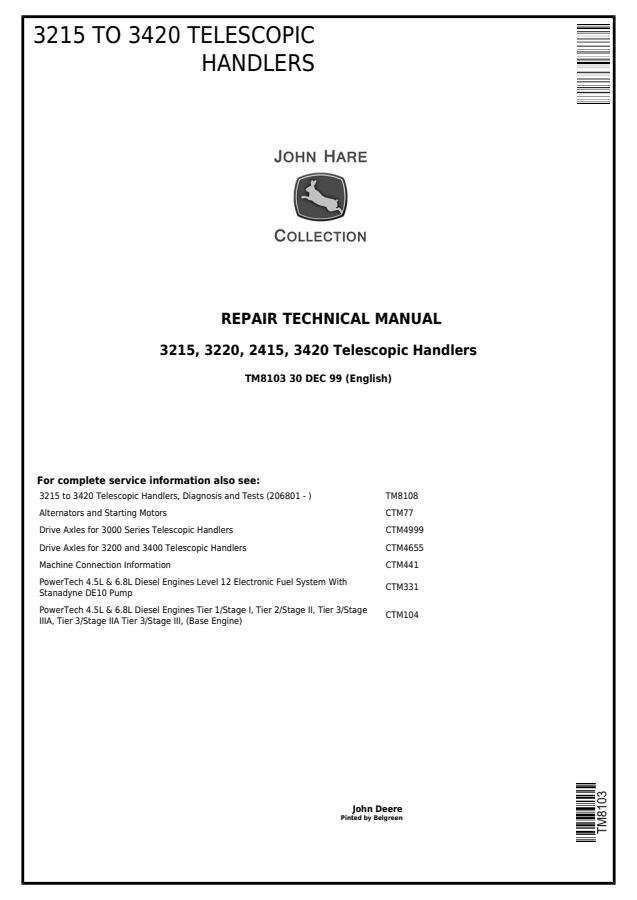 John Deere 3215 to 3420 series Telescopic Handler Repair Technical Manual — actual manual cover