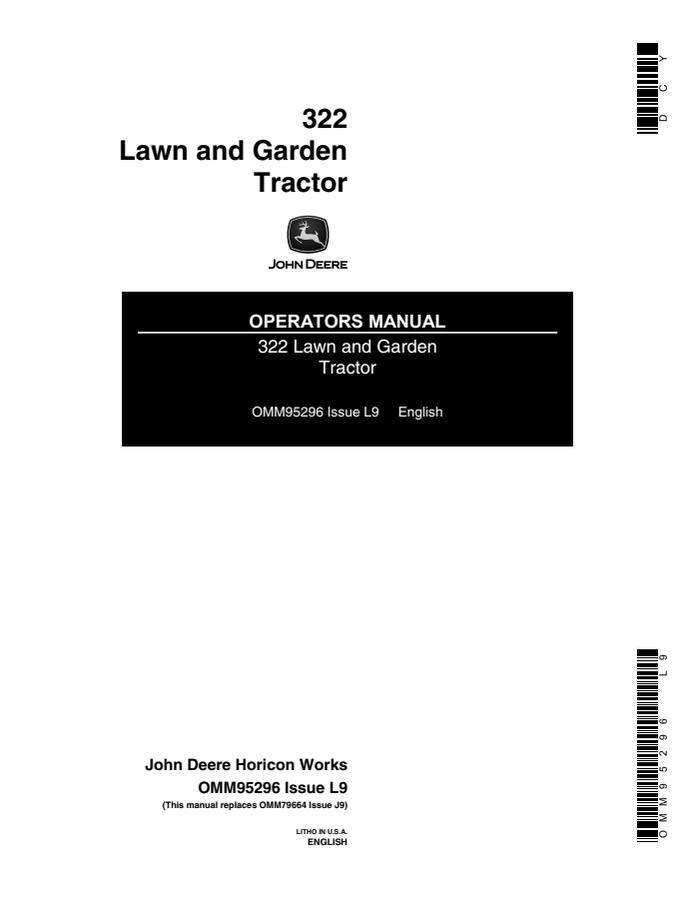 John Deere 322 Lawn and garden tractor Operator manual OMM95296 — actual manual cover