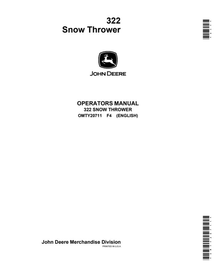 John Deere 322 Snowthrower Operator manual OMTY20711 — actual manual cover