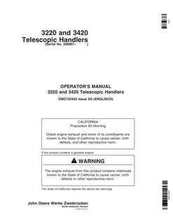 John Deere 3220 and 3420 Telescopic handler Operator manual OMZ102403 — actual manual cover