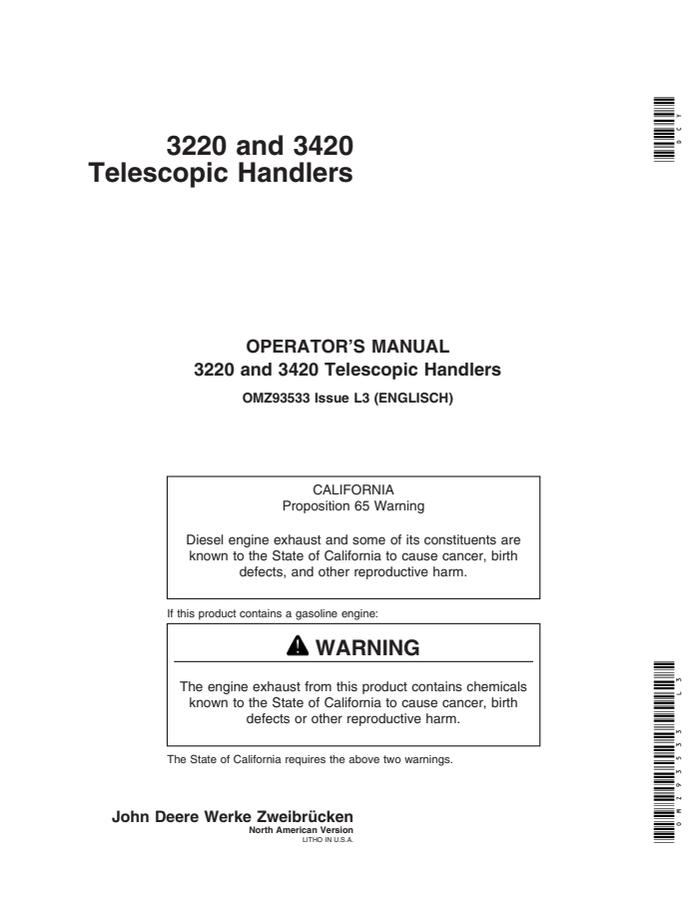 John Deere 3220 and 3420 Telescopic handler Operator manual OMZ93533 — actual manual cover