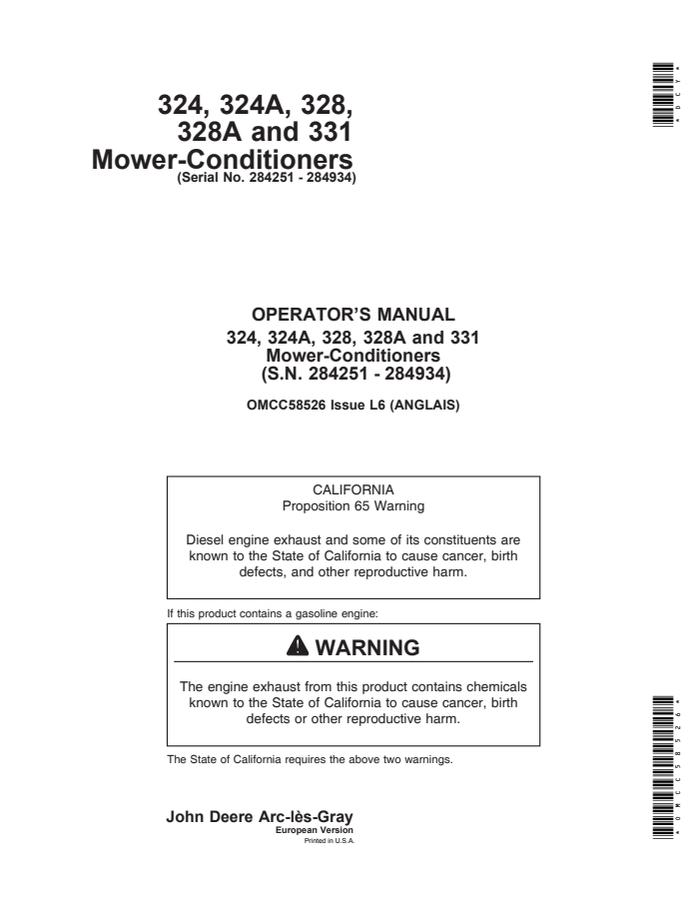 John Deere 324, 324A, 328, 328A and 331 Mower-conditioner Operator manual OMCC58526 — actual manual cover