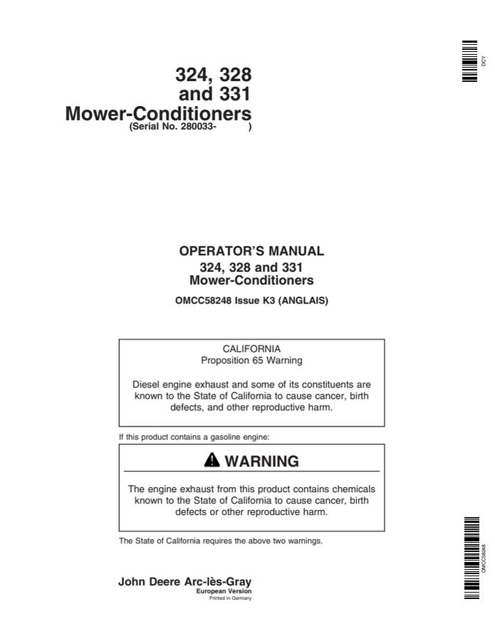 John Deere 324, 328 and 331 Mower-conditioner Operator manual OMCC58248 — actual manual cover